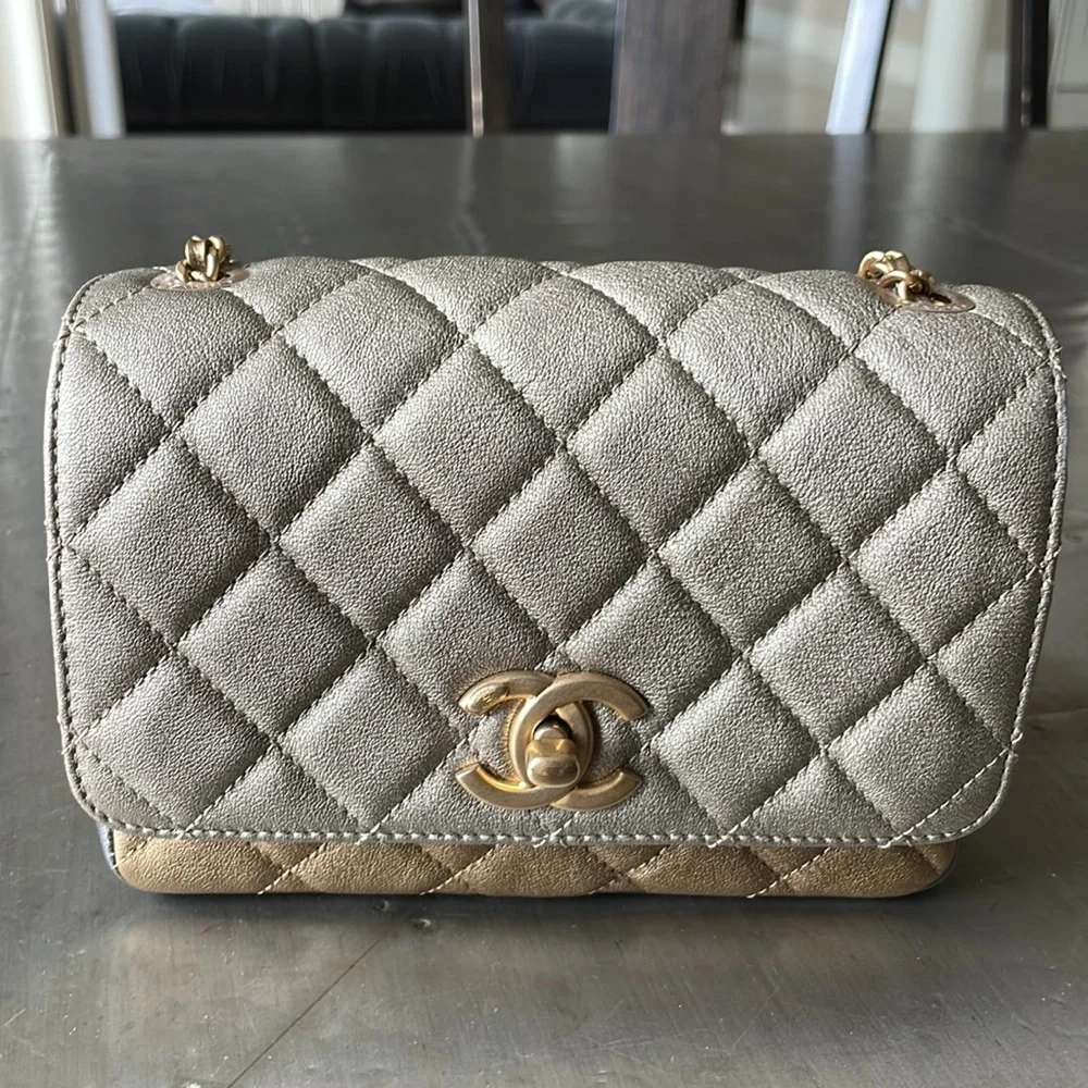 Chanel mini square quilted camellia two toned flap bag 17a bronze silver gold